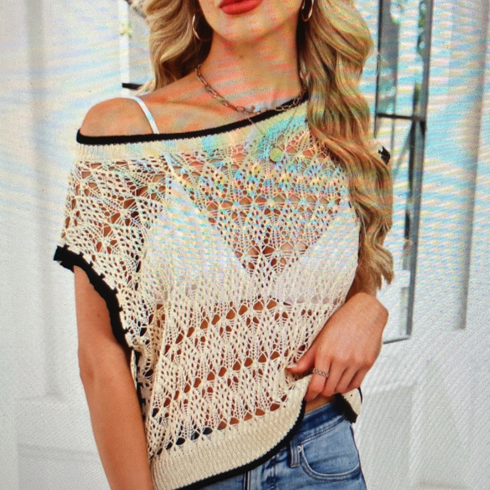 Cream Open-Knit Short Sleeve Sweater with Black Trim - Picture 2 of 5